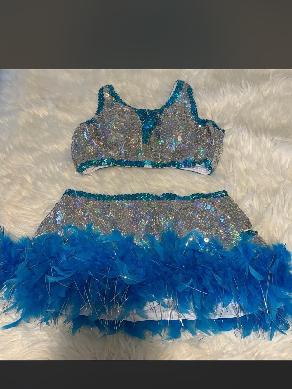 Glamour Blue Sequin Two-Piece Feather Trim Mini Dress Set